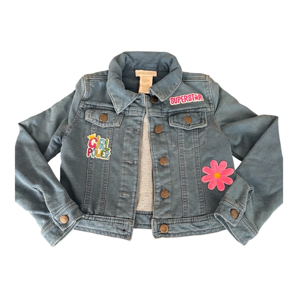 Cynthia Rowley Girls Blue Denim Jacket Girl Power Superstar Patches Size 4 XS